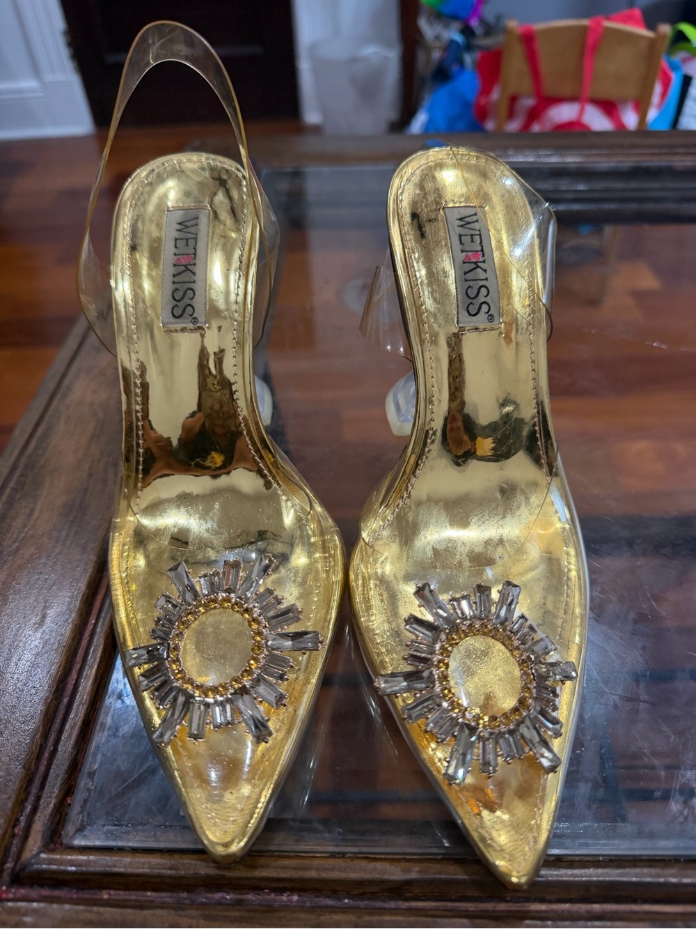 Kiss Gold Pointed Toe Crystal Sunburst Slingback Heels